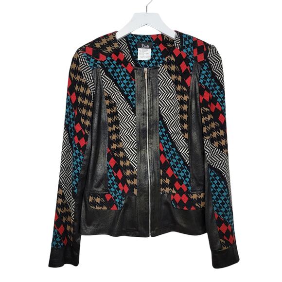 Bali Houndstooth Mix Print Colorful Vegan Leather Trim Zip Front Jacket VTG - 6 - Picture 2 of 6